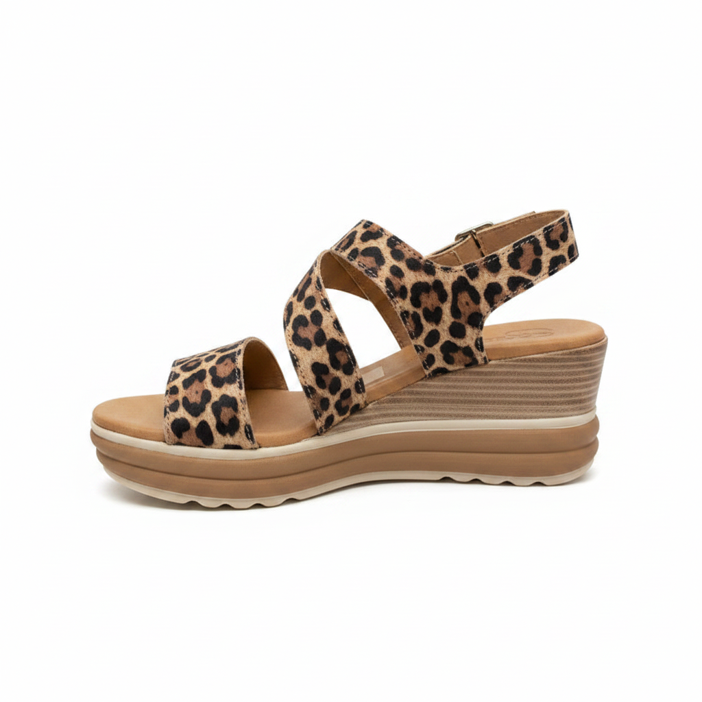 Oh! My Sandals Ladies Wedge Heel Cross Strap Leopard Sandal