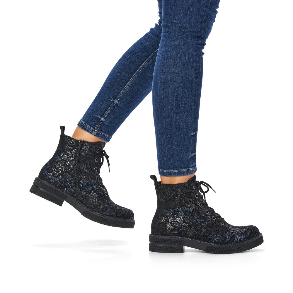 Rieker Ladies Velour Lace Up Chunky Sole Ankle Boot