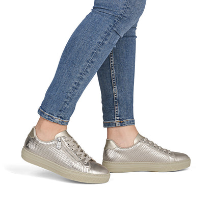 Rieker Ladies Pearlized Leather Zip Side Lace Up Sneaker