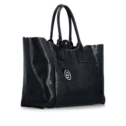 A black textured tote bag with a crocodile-embossed pattern, dual top handles, and a silver-tone circular logo medallion on the front, shown against a plain white background.