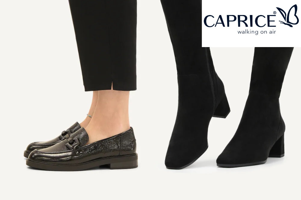 A split view showing two styles of black CAPRICE walking shoes: on the left, black patent leather tassel loafers worn with black cropped trousers, and on the right, black suede over-the-knee boots. The CAPRICE logo is visible in the top right corner.