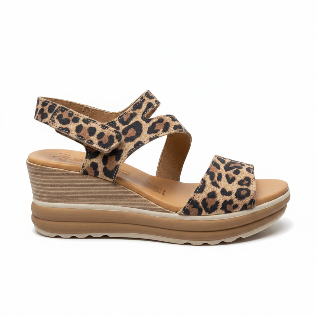 Oh! My Sandals Ladies Wedge Heel Cross Strap Leopard Sandal