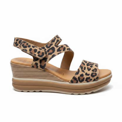 Oh! My Sandals Ladies Wedge Heel Cross Strap Leopard Sandal