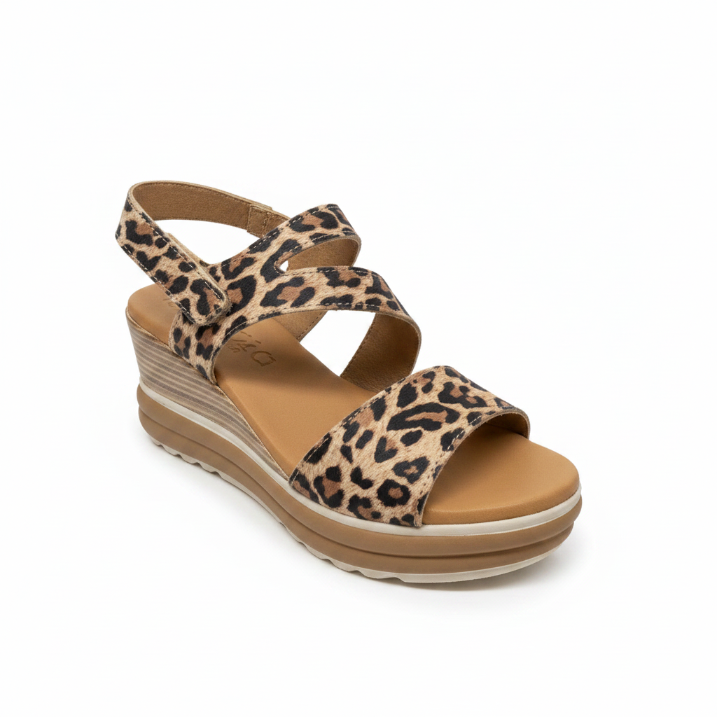 Oh! My Sandals Ladies Wedge Heel Cross Strap Leopard Sandal