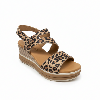 Oh! My Sandals Ladies Wedge Heel Cross Strap Leopard Sandal