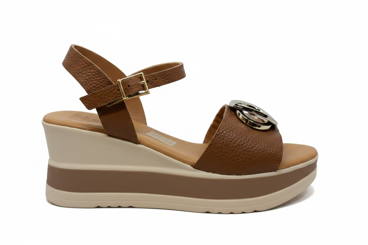 Oh! My Sandals Ladies Flatform Circle Trim Tan Sandal