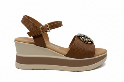 Oh! My Sandals Ladies Flatform Circle Trim Tan Sandal