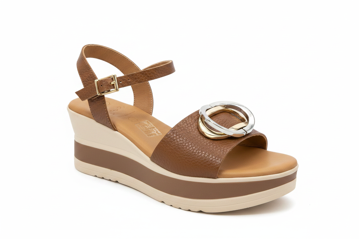 Oh! My Sandals Ladies Flatform Circle Trim Tan Sandal