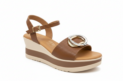 Oh! My Sandals Ladies Flatform Circle Trim Tan Sandal