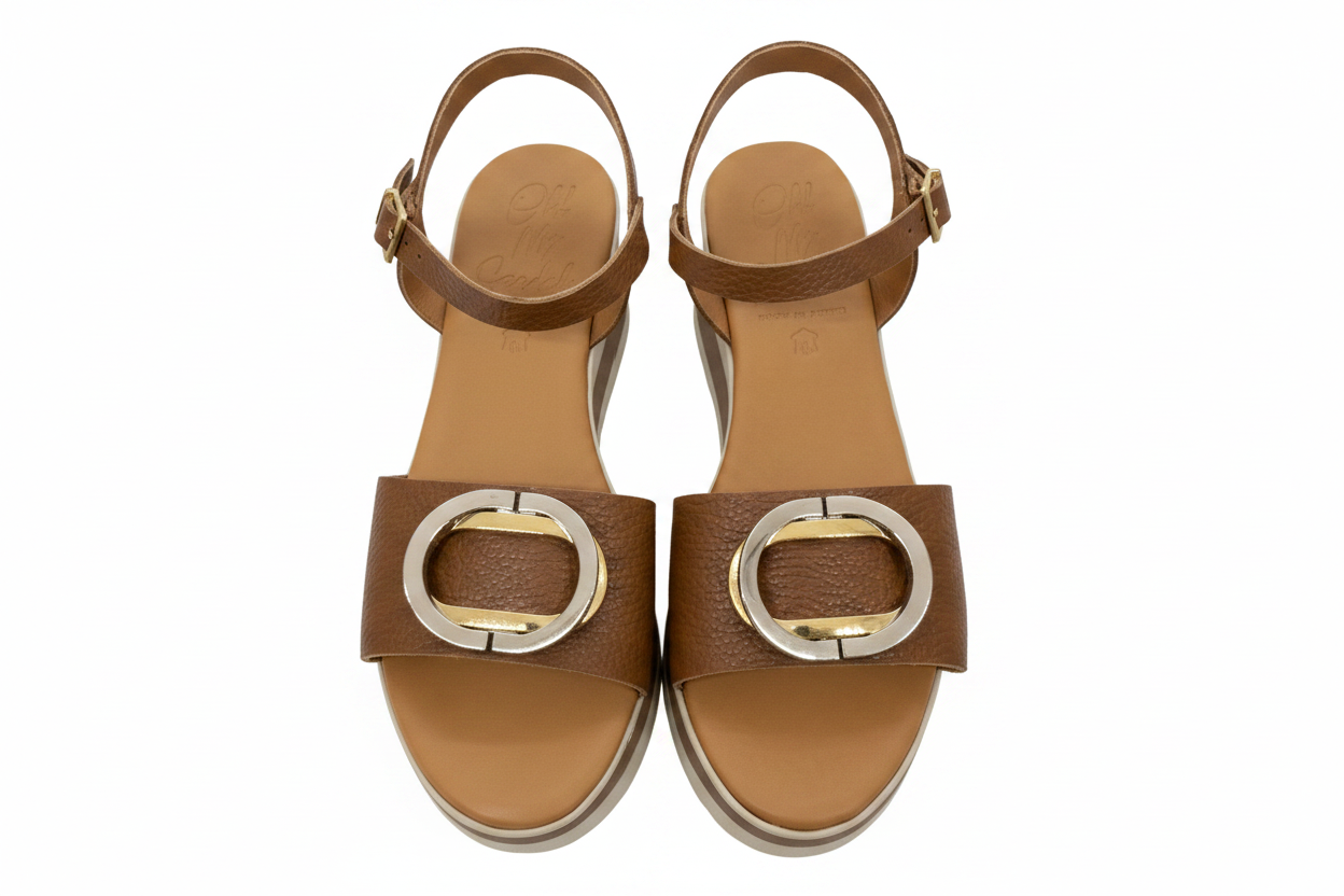 Oh! My Sandals Ladies Flatform Circle Trim Tan Sandal