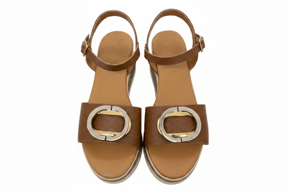 Oh! My Sandals Ladies Flatform Circle Trim Tan Sandal