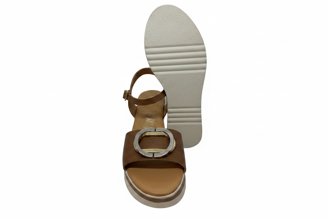 Oh! My Sandals Ladies Flatform Circle Trim Tan Sandal