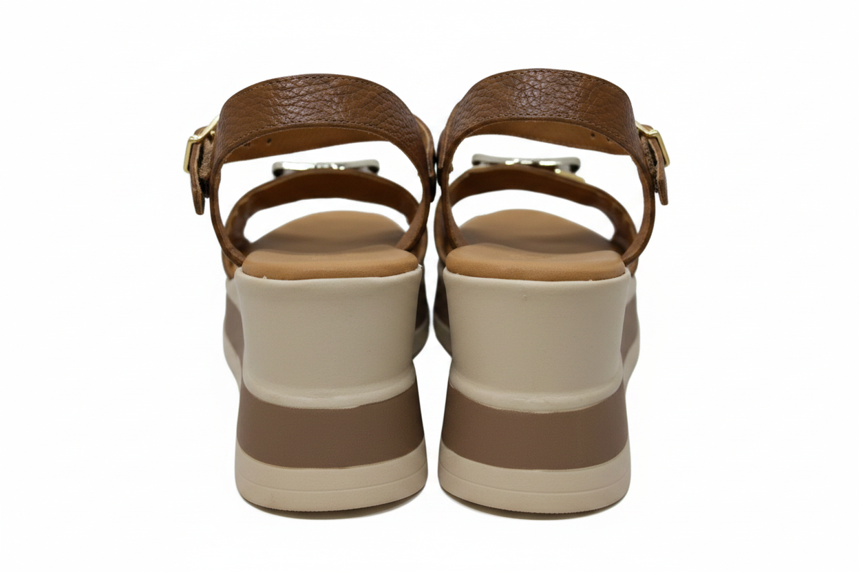 Oh! My Sandals Ladies Flatform Circle Trim Tan Sandal
