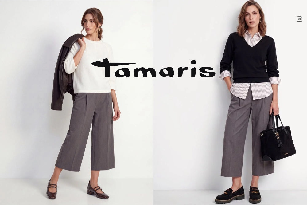 Two models posing in matching grey wide-leg cropped trousers, styled with different tops and accessories against a white studio background with the Tamaris logo.