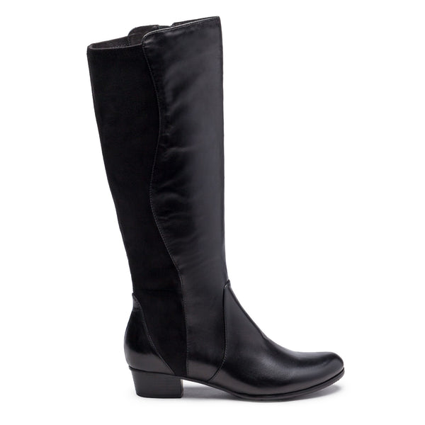 Stefany Knee High Leather and Stretch Low Heel Boot