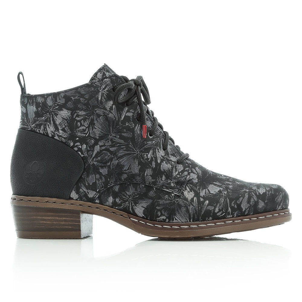 Rieker Ladies Lace Up Ankle Boot Metallic Floral Print