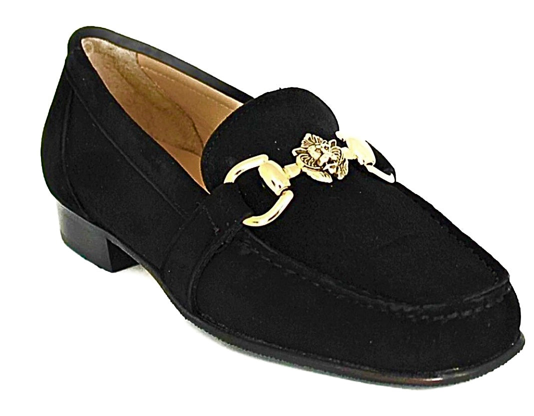 Suede Leather Low Heel Loafer With Gold Trim